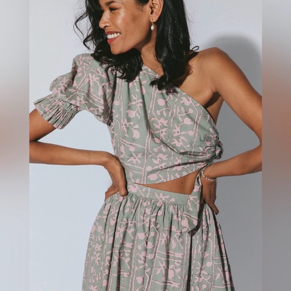NWT Cleobella | Asymmetrical one shoulder midi dress ruffles green pink (S)
